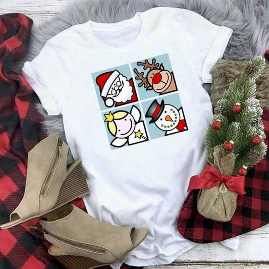 Camiseta Navideña Santa, Reno, Ángel y Hombre de Nieve