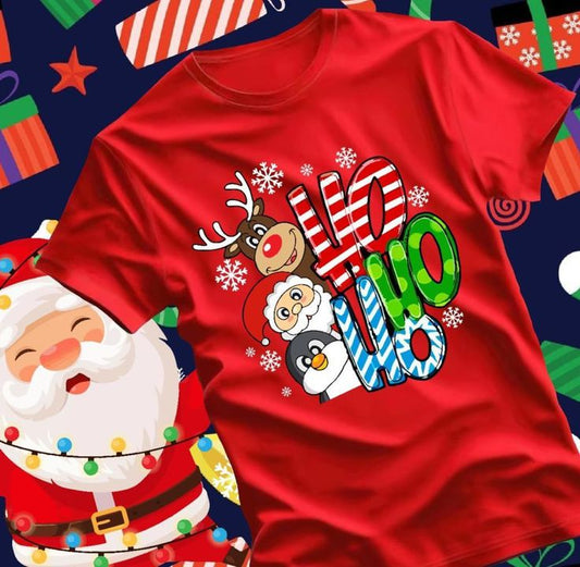 Camiseta Navideña Reno, Santa y Pingüino Ho Ho Ho